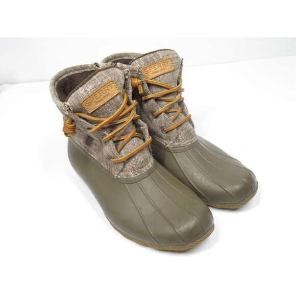 Sperry Saltwater Heavy Linen OLIVE Duck Boots Waterproof Rain Boots Women Size 7 - Picture 4 of 8
